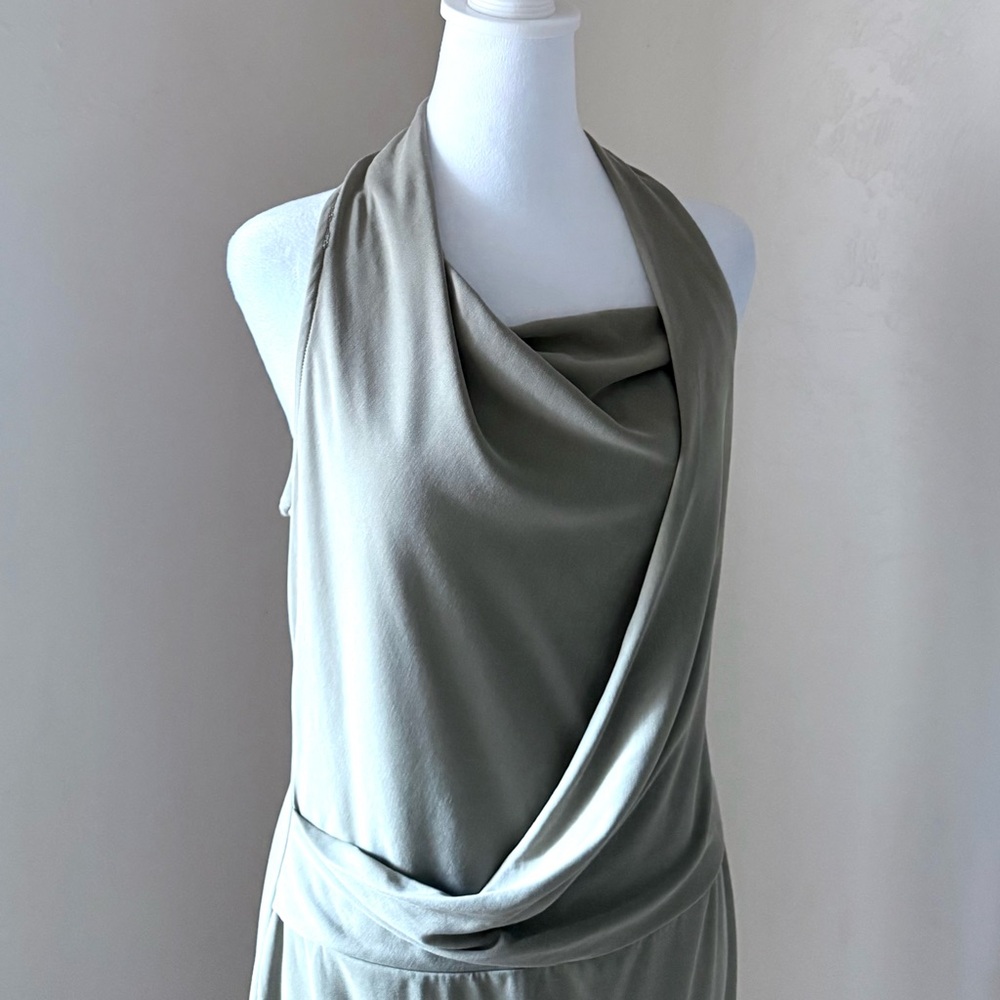NWT Halston Heritage Asymmetrical Draped Cowl Neck Midi Dress Sage Khaki Green M - Picture 5 of 16
